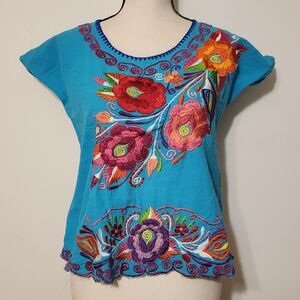 Turquoise Blue Quality Cotton Embroidered Floral Mexican Blouse S/M